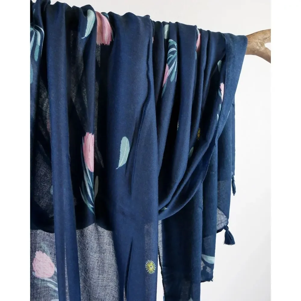 NEW Boho Floral Design Tasseled Rectangle Soft Chic Scarf Large Blue Pink White